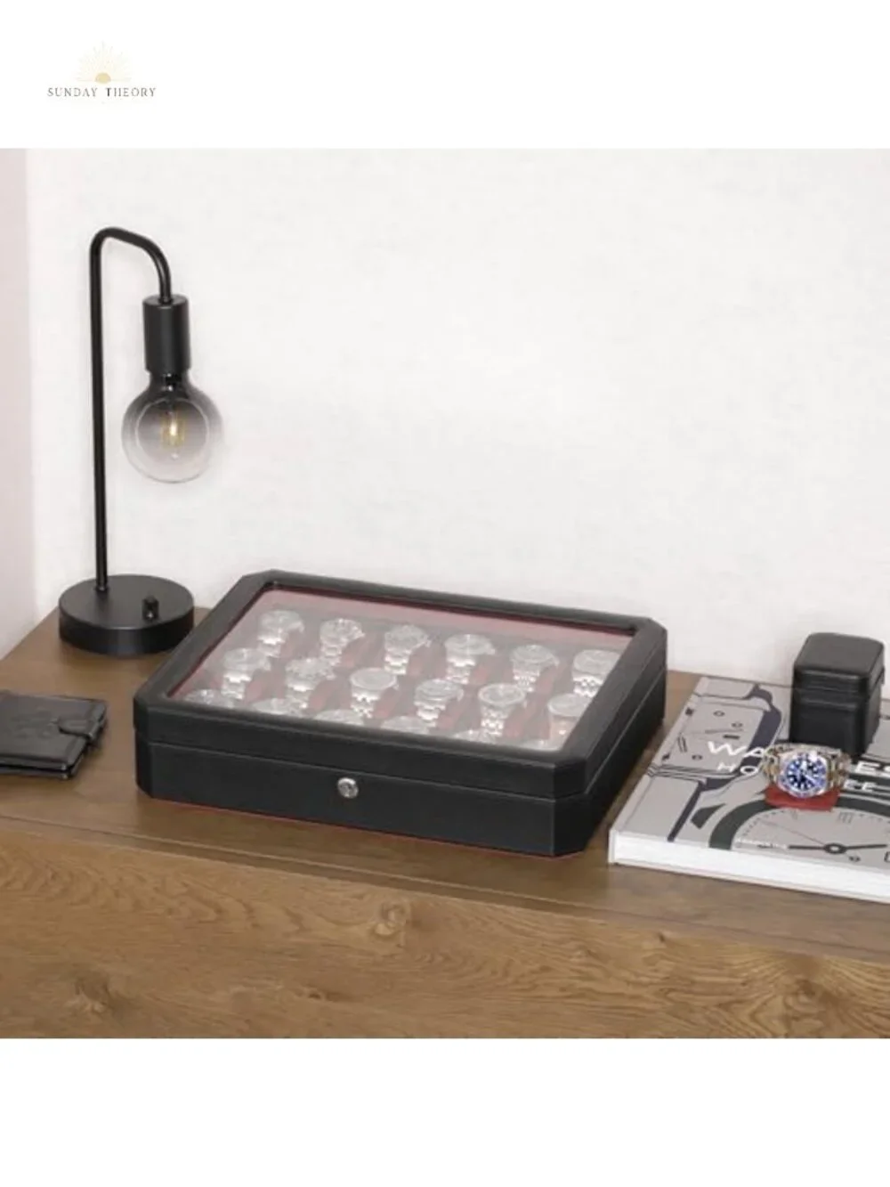 18-Slot Watch Case, Faux Leather, Real Glass Lid, Lockable, Luxury Watch Box